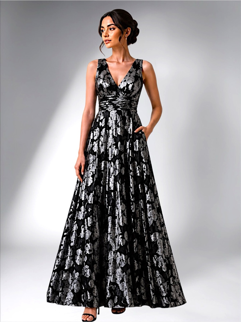 BA Nites Foil Crinkle V-Neck Evening Gown - Picture 14 of 16